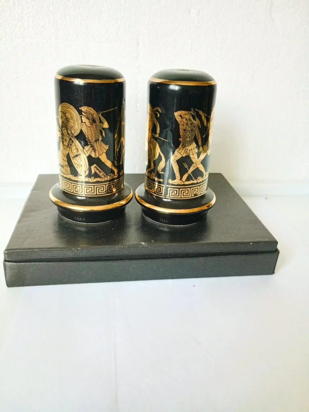 Greek Key Salt & Pepper Shakers Vintage Black with 24K Gold Trim